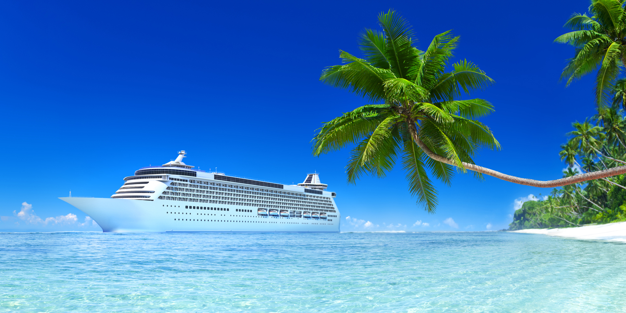 Cruise Vacation - Our designed 3D rendered Cruise ship with blue Sky, Turquoise sea and white sand, green palm trees.