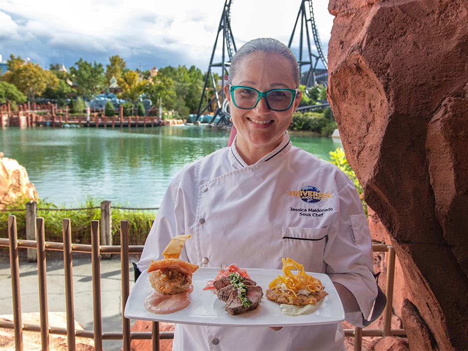 Chef Jessica Maldonado holds the Latin Flair Trio at Mythos Restaurant in Islands of Adventure