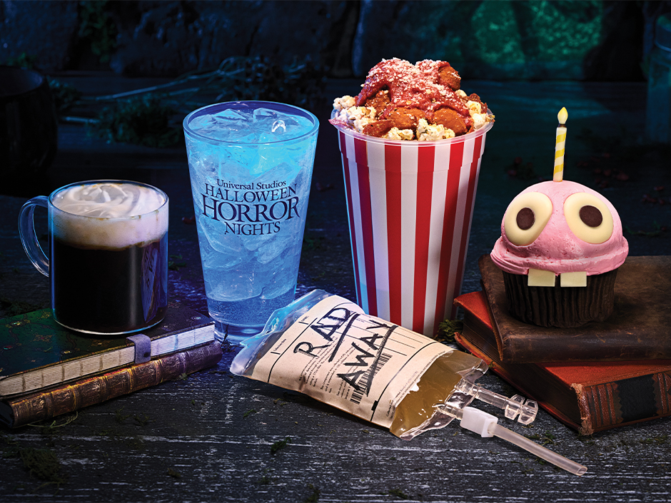 Several of the Halloween Horror Nights 2025 food items, including Mr. Cupcake and the Rad Away drink