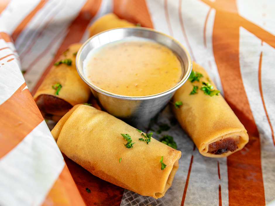 Basket of the Philly Cheese Steak Spring Rolls, a new appetizer at NBC Sports Grill & Brew in Universal CityWalk.