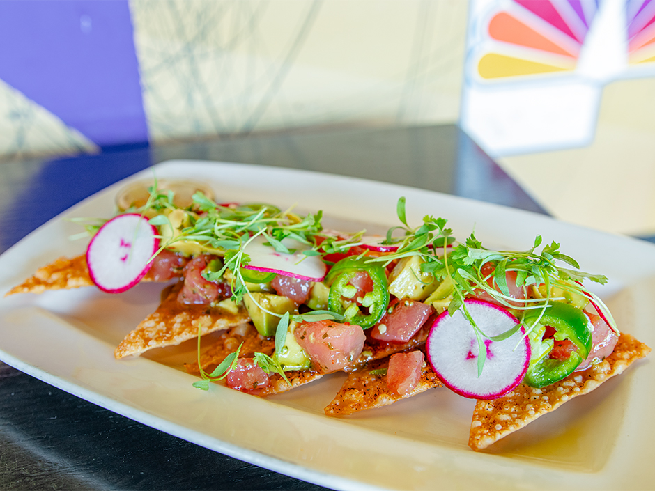 Plate of the Touchdown Tuna Nachos, an appetizer on the new menu at NBC Sports Grill & Brew in Universal CityWalk.