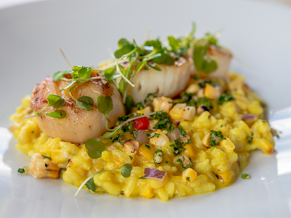 Plate of the Wood Fire Grilled Scallops, a dish on the new menu at Bigfire in Universal CityWalk.