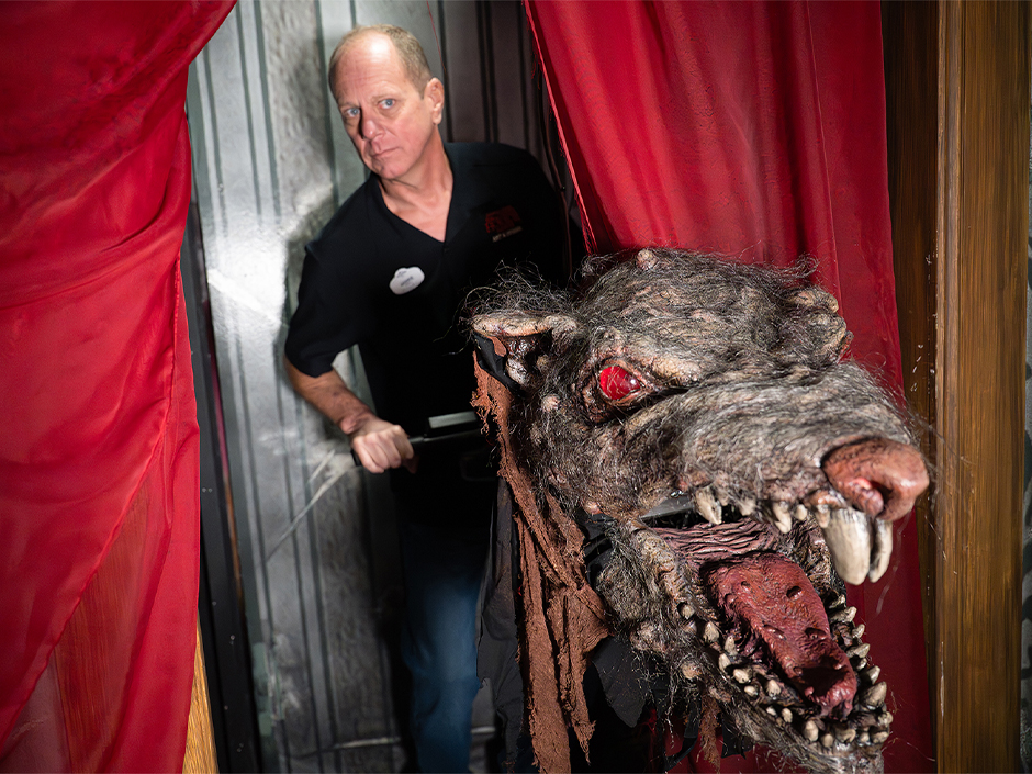 A person in a black collared shirt with blue jeans with a white Universal Orlando Resort name tag that says, “JAMIE,” stands behind a large rat head puppet with glowing red eyes, sharp fangs and matted gray fur. The rat’s mouth is open in a snarl, revealing jagged teeth. Its fur appears worn and tangled, enhancing its menacing look. The person behind the rat puppet is holding a control device connected to the rat, suggesting they are operating or adjusting the puppet. The background features deep red curtains and wooden framing, creating a theatrical look. The scene is part of the Dolls: Let’s Play Dead haunted house.