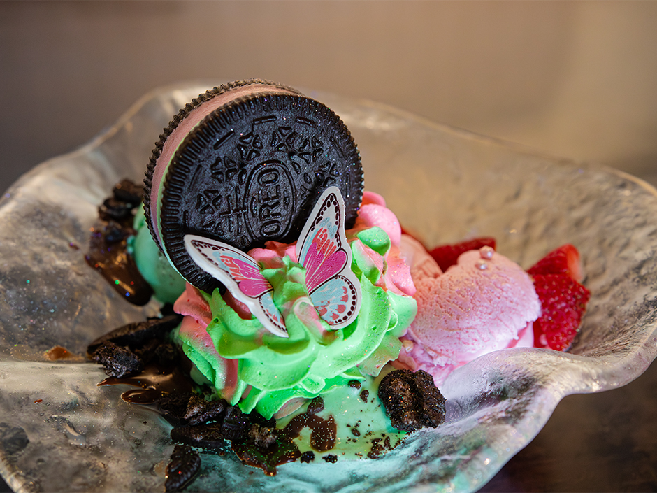 A glass bowl of the Wicked: For Good Sundae at Toothsome in Universal CityWalk.