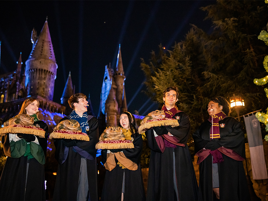 The Holiday Frog Choir performs outside Hogwarts at Universal Studios Hollywood