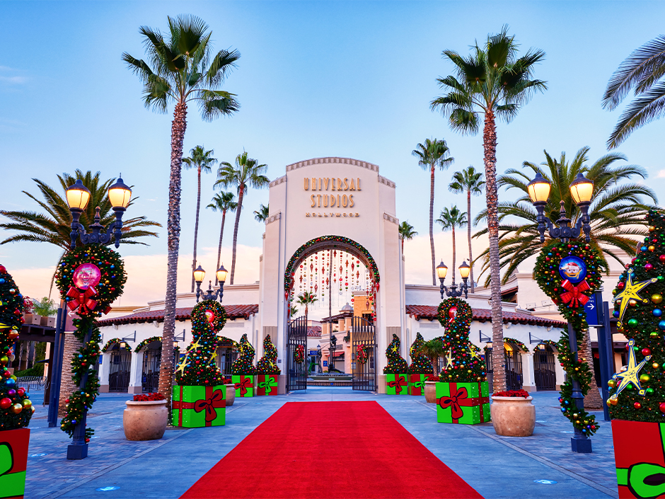 Universal Studios Hollywood arches decorated for the holidays