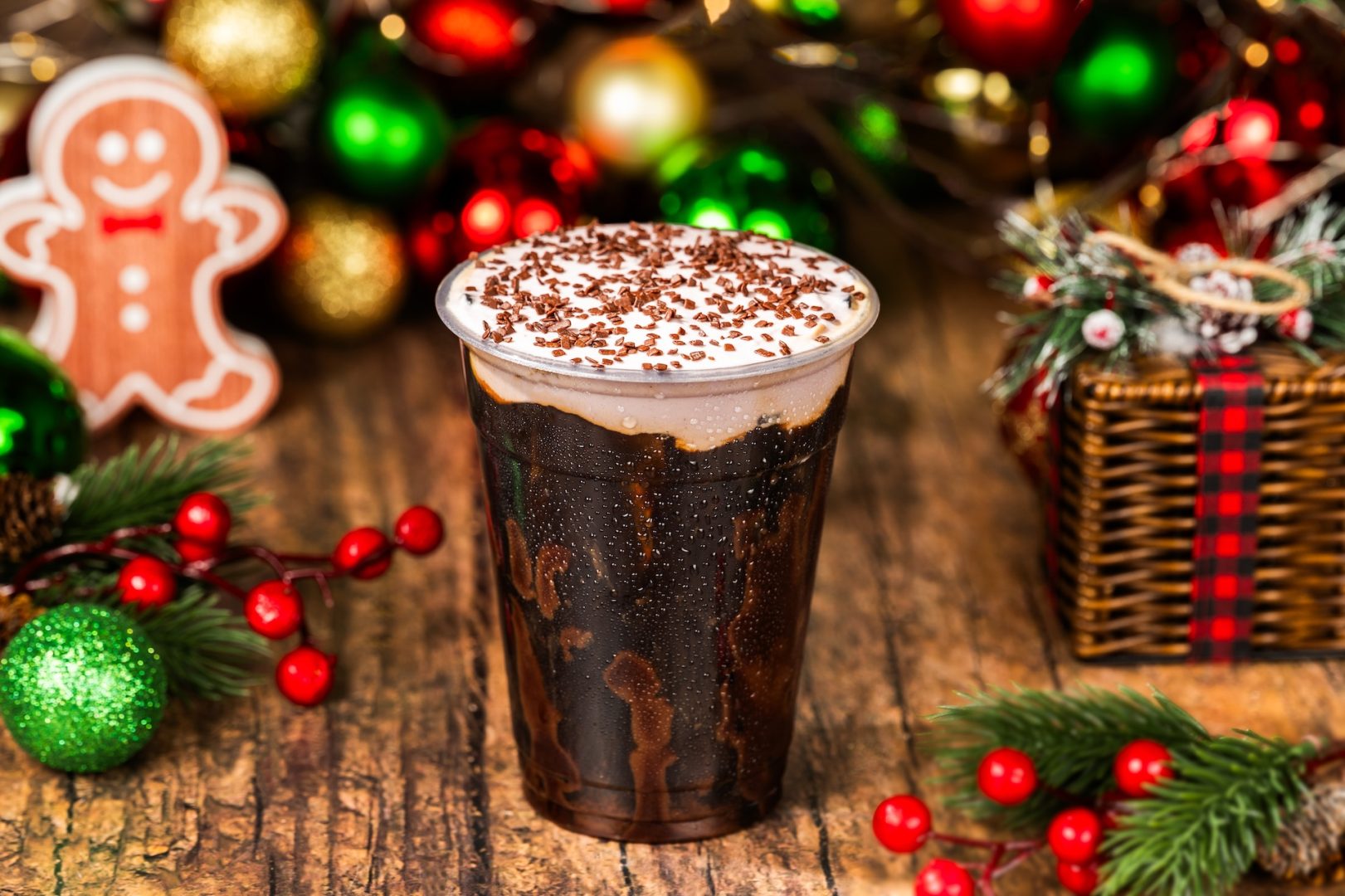 Cherry Cordial Cold Brew: Joffrey’s Cold Brew Coffee topped with cherry whipped cream, chocolate sauce, and chocolate curls 