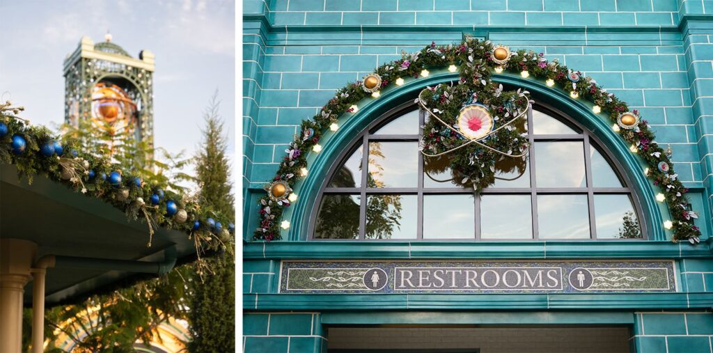 On the left, a view of the Chronos in the distance with garland in the foreground. On the right, holiday decor and garland over a Restrooms sign in Celestial Park