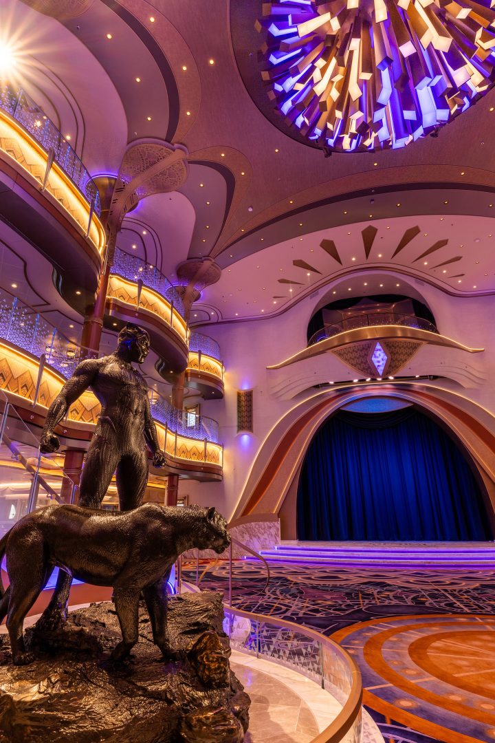 The Grand Hall of the Disney Destiny is its most striking and prominent gathering space, a living theater where heroes and villains from across the Disney universe take center stage and interact with guests in thrilling ways. Inspired by the rich lore, distinctive iconography and vibrant palette of Marvel Studios’ “Black Panther” films — including a stunning statue of the Black Panther himself at the heart of the space — this kinetic environment comes to life with immersive shows and interactive programming.