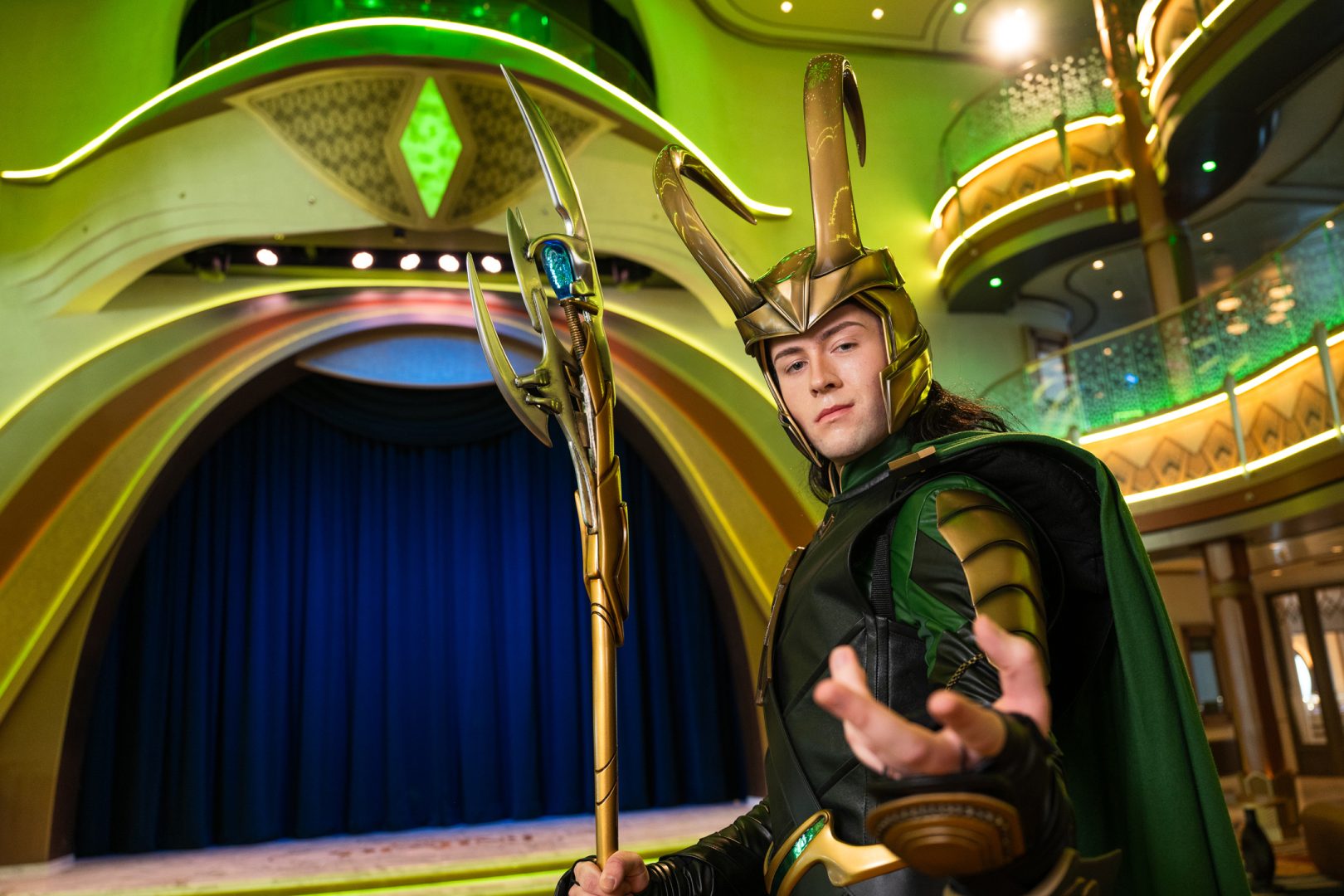 Loki is seen onboard the Disney Destiny in the Grand Hall area