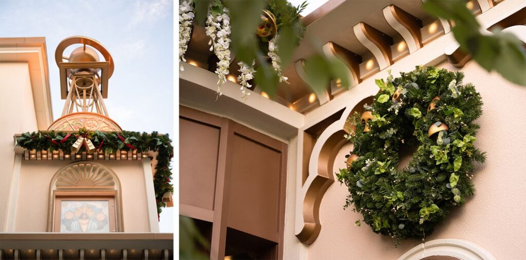 A collage of photos of wreaths, garland and holiday decorations on the outside of Pizza Moon in Celestial Park