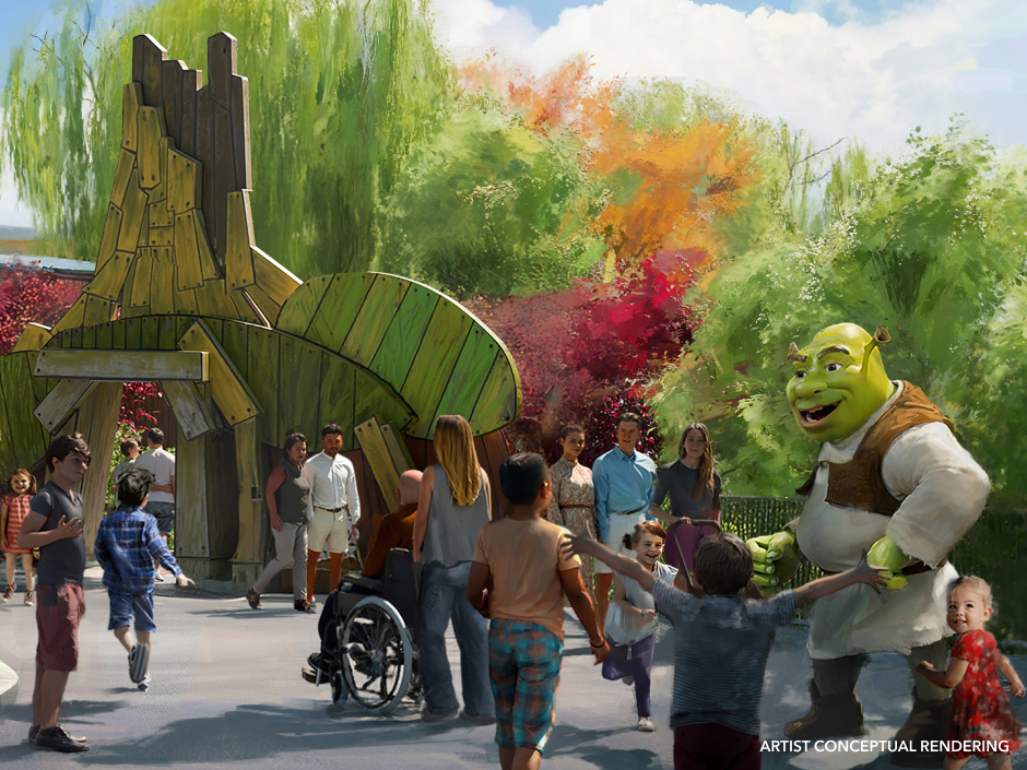 An artist rendering of Shrek mingling with guests at Universal Kids Resort in Frisco, Texas
