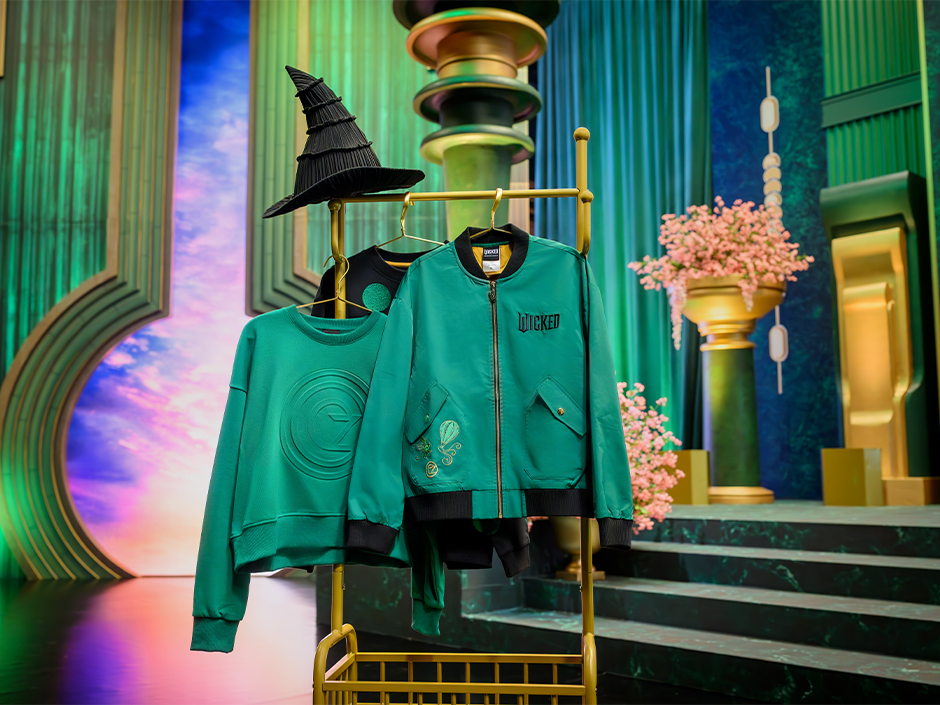 Green Wicked: For Good themed bomber jacket and sweatshirt.